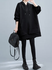 Buttoned Drawstring Pockets Solid Color Split-side High-low Long Sleeves Hooded Hoodies Tops