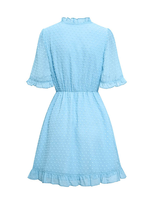 Jacquard Ruffled Solid Color A-Line Loose V-Neck Mini Dresses