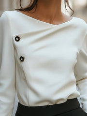 Long Sleeves Loose Buttoned Solid Color Asymmetric Collar Blouses&Shirts Tops