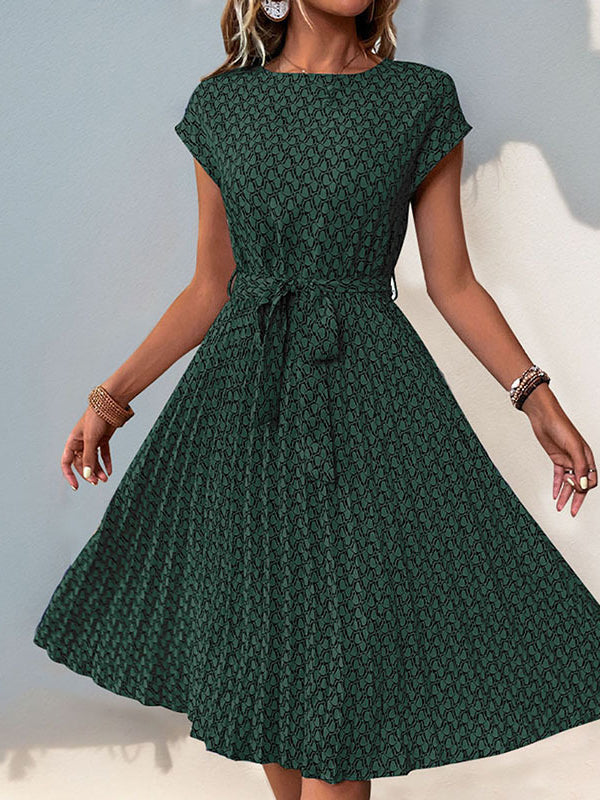 Printed Tied Waist Loose Raglan Sleeve Round-Neck Midi Dresses