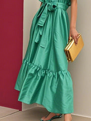 Flared Sleeves Loose Pleated Solid Color Split-Joint Tied Waist Lapel Maxi Dresses Shirt Dress