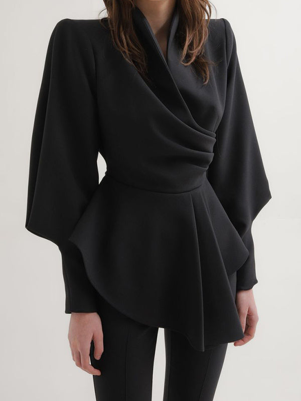 Long Sleeves Puff Sleeves Asymmetric Pleated Ruffled Solid Color V-Neck Blouses&Shirts Tops