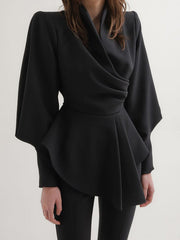 Long Sleeves Puff Sleeves Asymmetric Pleated Ruffled Solid Color V-Neck Blouses&Shirts Tops