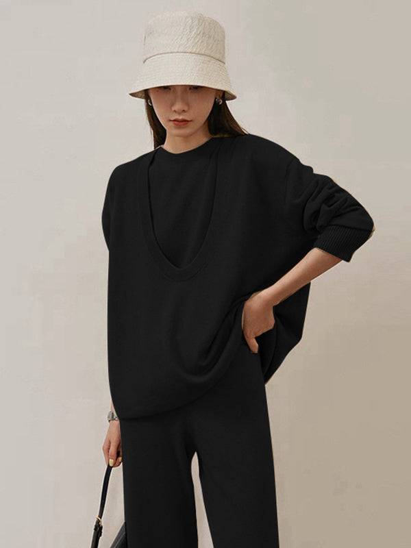 Urban Loose Solid Round-Neck Vest Top& V-Neck Sweater Tops& Wide Leg Pants Three-Piece Set