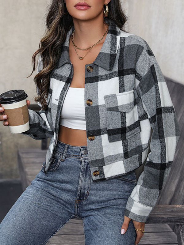 Buttoned Plaid Pockets Split-Joint Long Sleeves Loose Lapel Outerwear Jackets