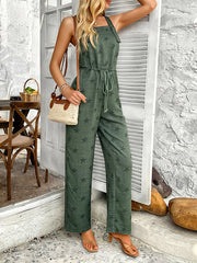 Buttoned Drawstring Pockets Printed Sleeveless Spaghetti-Neck Jumpsuits