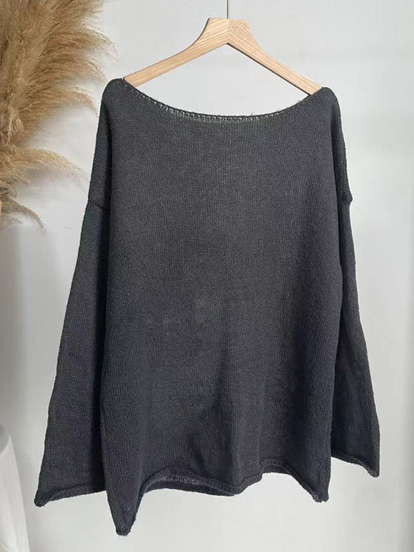 See-Through Solid Color Split-Joint Long Sleeves Loose Round-Neck Sweater Tops
