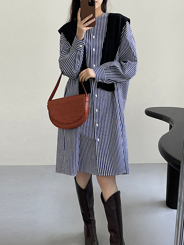 Striped Long Sleeves Loose Round-Neck Shirt Dress Midi Dresses