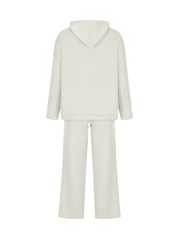 Solid Color Loose Round-Neck Hooded Long Sleeves Sweater Top + Drawstring Pants Bottom Two Pieces Set