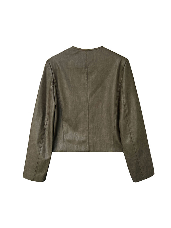 Buttoned Pockets Long Sleeves Loose Round-neck Jackets