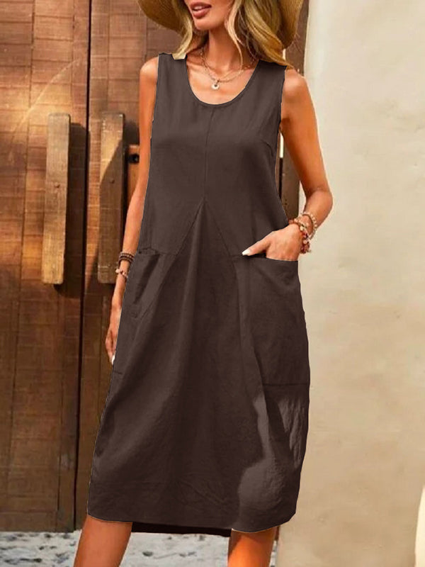 Pleated Solid Color Split-Joint Loose Sleeveless Round-Neck Midi Dresses