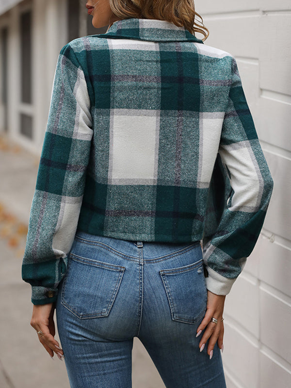 Plaid Split-Joint Long Sleeves Loose Notched Collar Outerwear Jackets