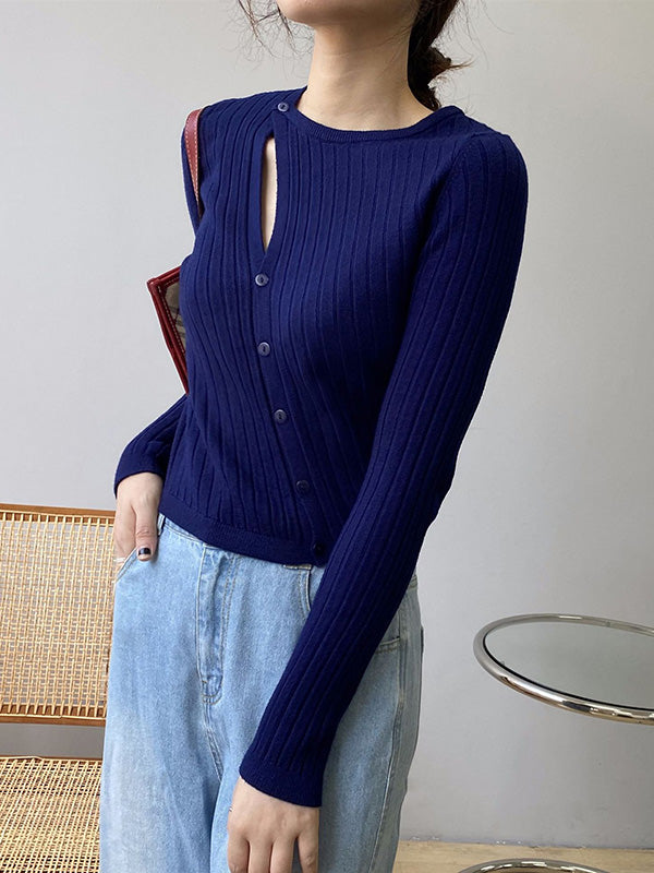 Asymmetric Solid Color Round-Neck Sweater Top