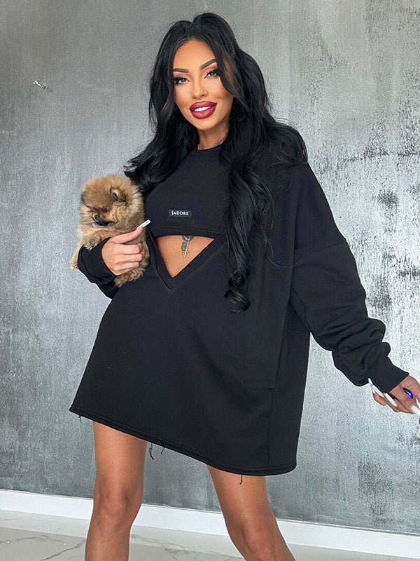 Loose Solid Color Round-neck Mini Dresses & Vest Top Two Pieces Set