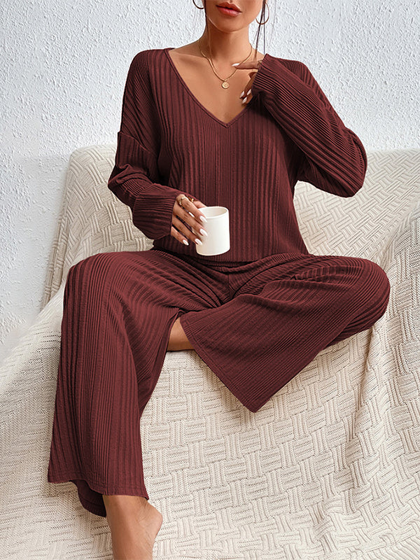 Solid Color Long Sleeves Loose V-Neck Shirt Top + Pants Bottom Pajama Sets