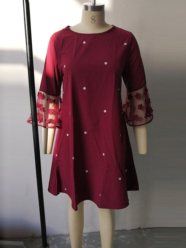 Mesh Polka-Dot Split-Joint Three-Dimensional Flower A-line Loose Round-neck Mini Dresses