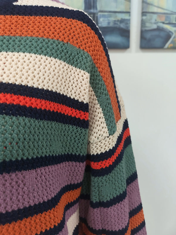 Original Long Sleeves Loose Contrast Color Striped Round-Neck Sweater Tops