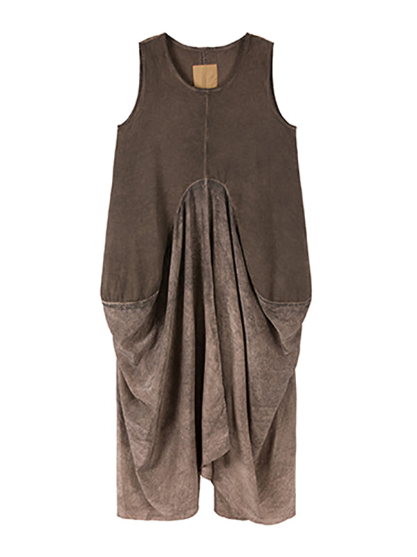Pleated Split-Joint Loose Sleeveless Round-neck Maxi Dresses
