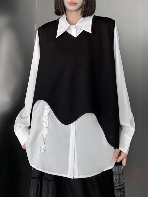 Buttoned Falbala Ruffled Solid Color Split-Joint Hipster Long Sleeves Lapel Blouses&shirts Tops