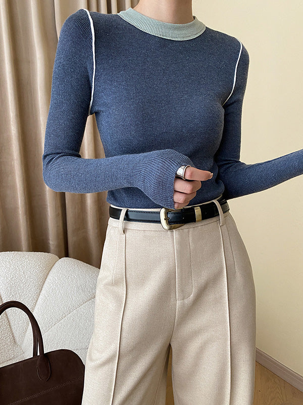 Contrast Color Split-Joint Long Sleeves Skinny Round-Neck Sweater Tops Pullovers