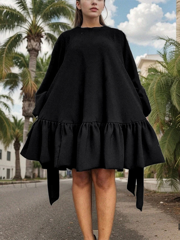 Falbala Solid Color Long Sleeves Loose Stand Collar Mini Dresses