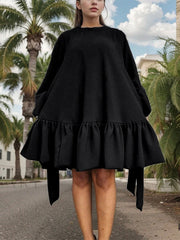 Falbala Solid Color Long Sleeves Loose Stand Collar Mini Dresses