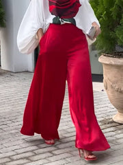 Pockets Solid Color High Waisted Loose Trousers Pants