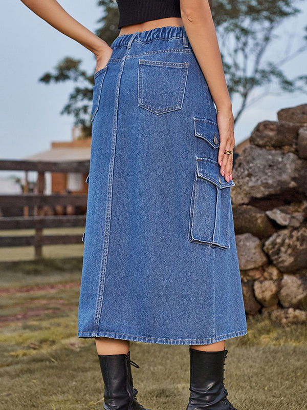Pockets Split-Front Split-Joint A-Line Loose Denim Skirts