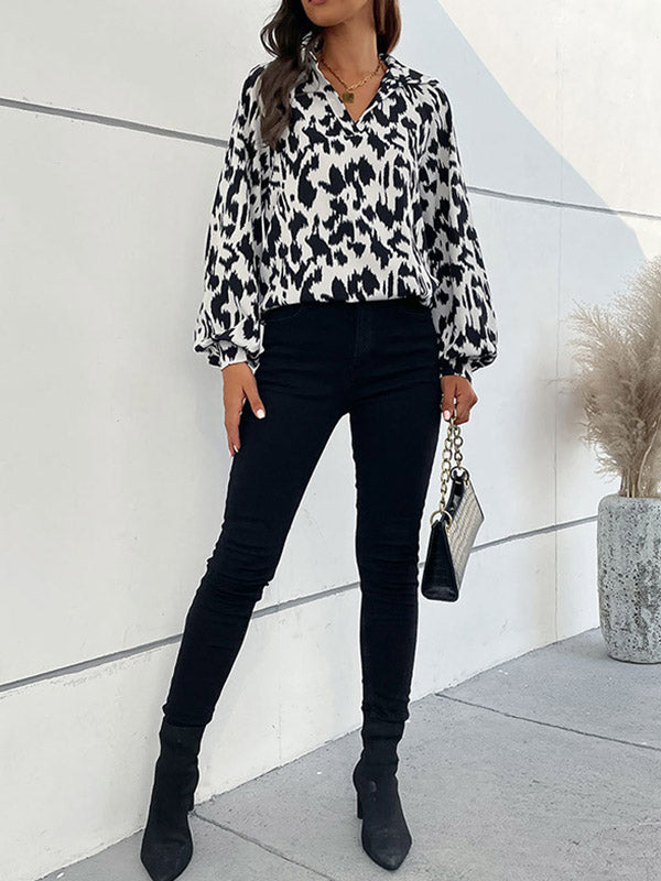 Buttoned Leopard Long Sleeves Loose Lapel Blouses&Shirts Tops