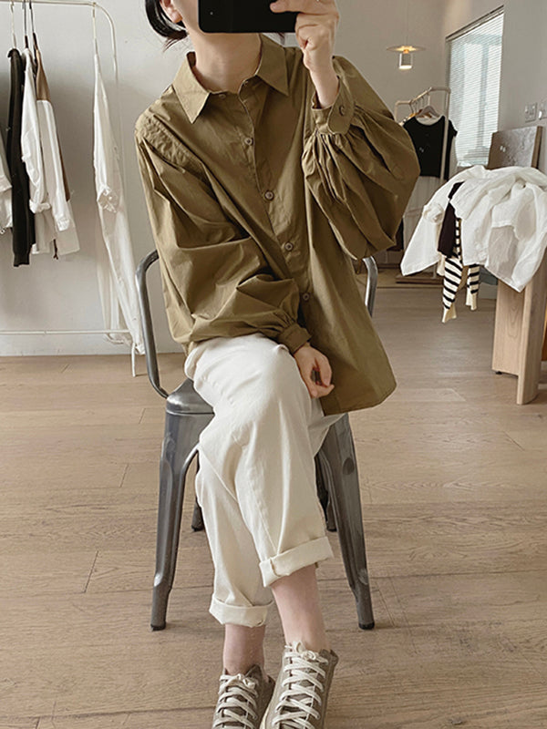Solid Color Loose Puff Sleeves Lapel Blouses