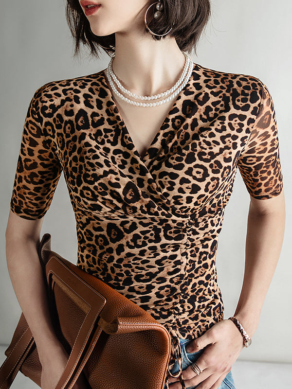 Leopard Pleated Half Sleeves Skinny V-Neck T-Shirts Tops
