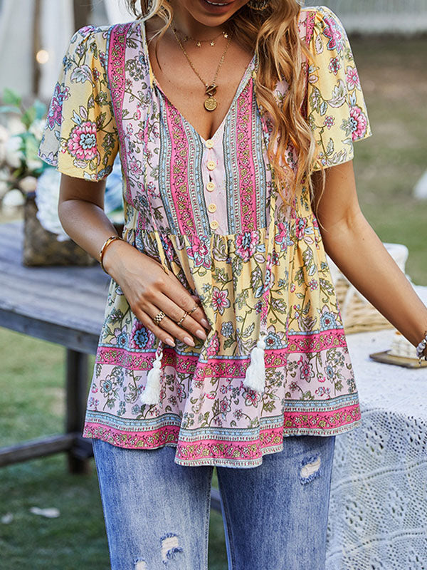 Buttoned Flower Print Split-Joint Tasseled Tied Loose Short Sleeves V-Neck T-Shirts Tops
