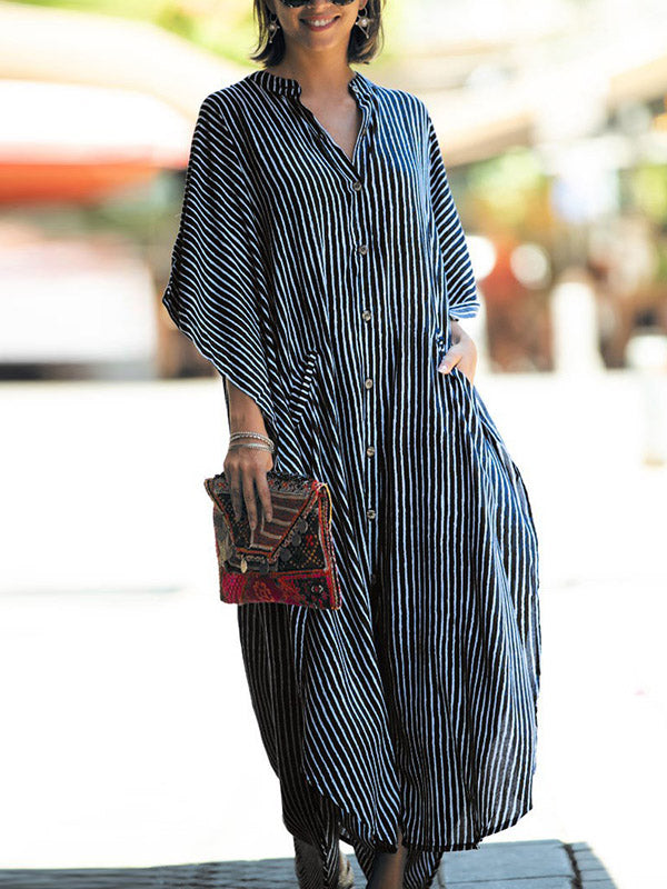 Buttoned Pockets Striped Batwing Sleeves Half Sleeves Round-Neck Maxi Dresses Beach Cover-Up