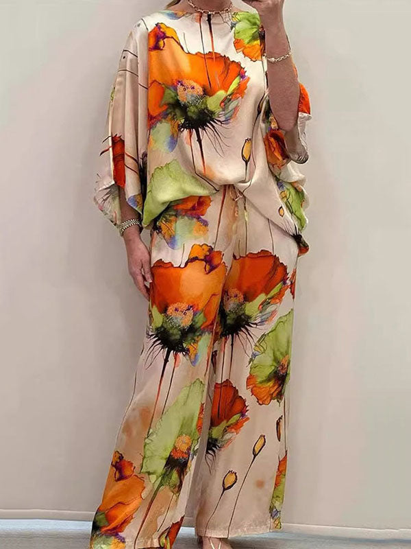 Printed Split-Joint Batwing Sleeves Loose Round-neck Blouses&shirts Tops