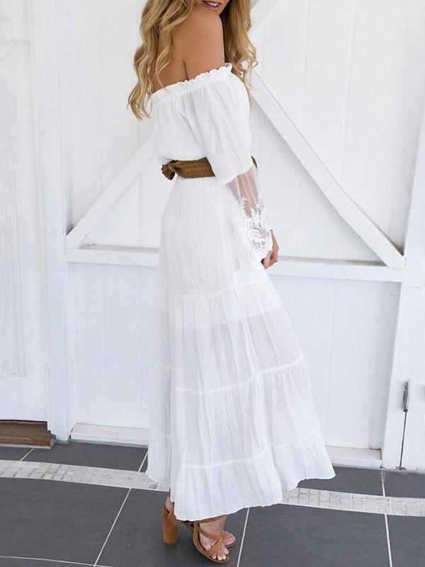 Pleated Solid Color Split-Joint High Waisted Loose Off-the-shoulder Maxi Dresses
