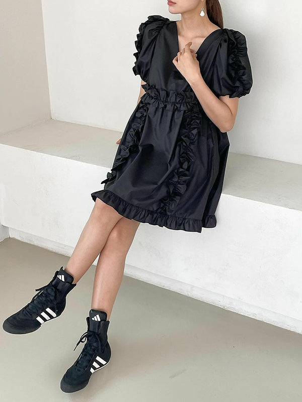 Ruffle Trim Split-Joint A-Line Loose V-Neck Mini Dresses