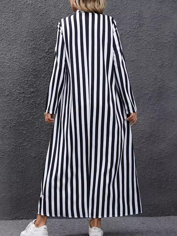 Contrast Color Pleated Striped A-Line Long Sleeves V-Neck Maxi Dresses