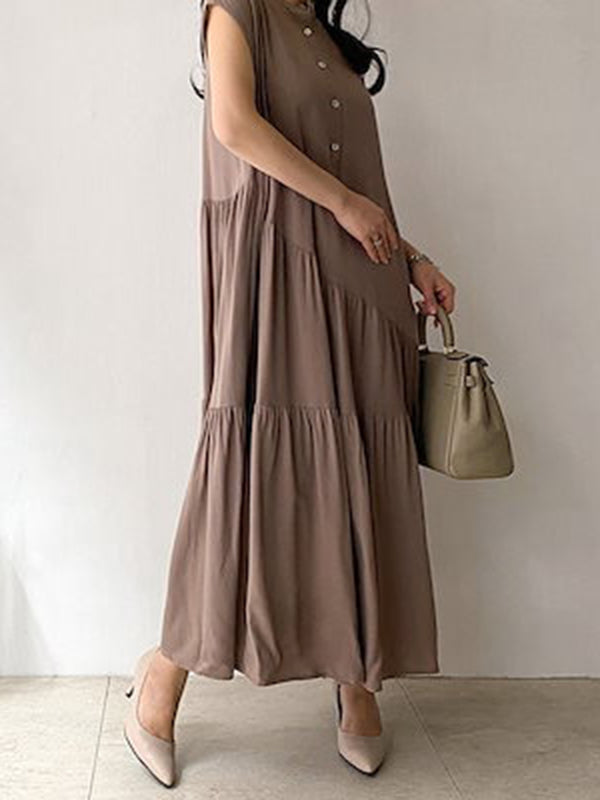 Buttoned Pleated Ruffled Solid Color Split-Joint Tiered A-Line Loose Stand Collar Midi Dresses