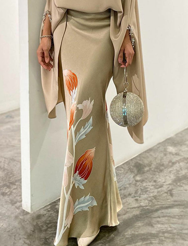 Loose Batwing Sleeves Split-Joint High Neck T-Shirt + Floral Printed Skirt Two Pieces Set