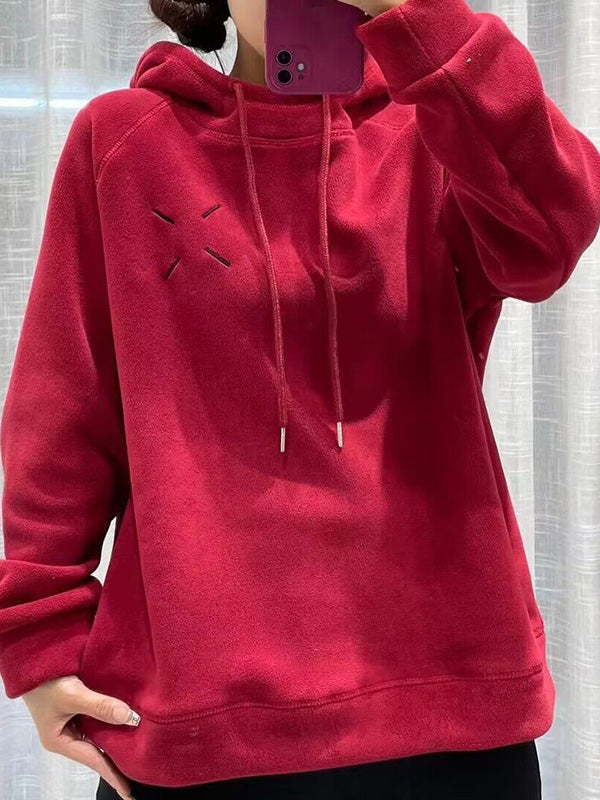 Simple Long Sleeves Loose Velvet Keep Warm Solid Color Hoodies Tops
