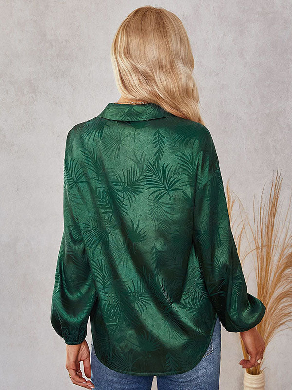 Jacquard Split-Joint Loose Puff Sleeves Lapel Blouses