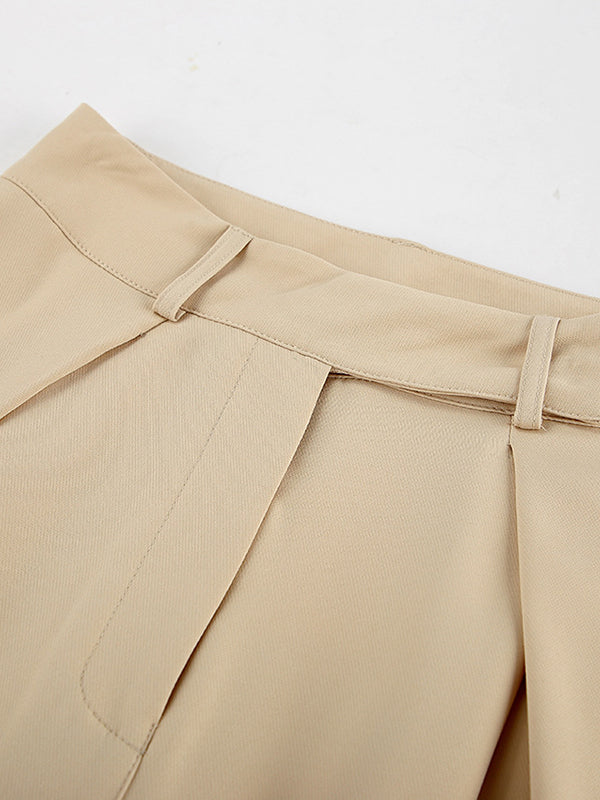 Pleated Solid Color Split-Joint High Waisted Loose Trousers Suit Pants