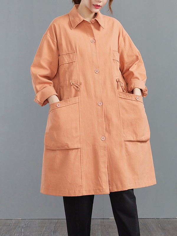 Casual Loose Solid Color Buttoned Lapel Collar Long Sleeves Trench Coat