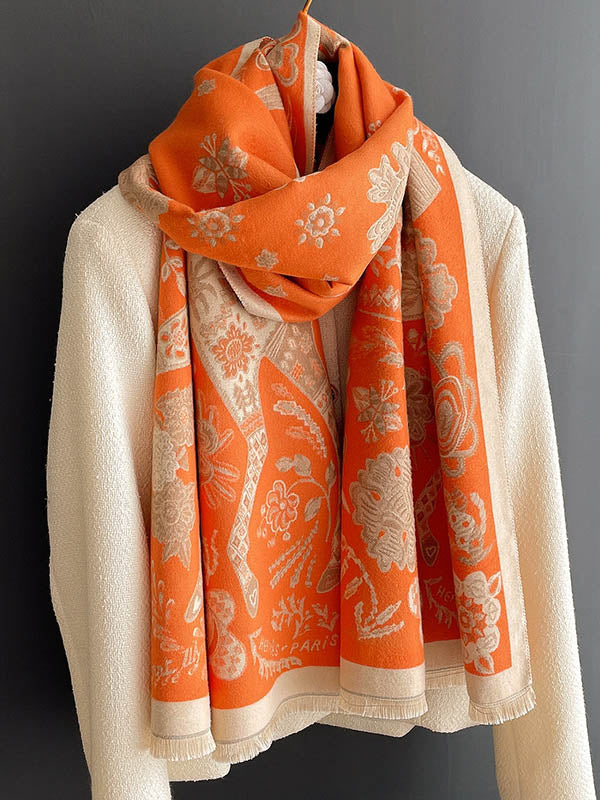 Vintage Knitting Tasseled Jacquard Imitated Cashmere Scarf Shawl
