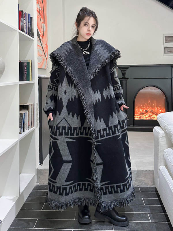 Contrast Color Geometric Split-Joint Tasseled Long Sleeves Loose Lapel Overcoat Outerwear