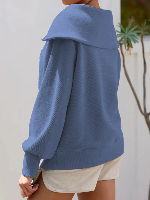 Solid Color Zipper Long Sleeves Loose Lapel Sweatshirt Tops
