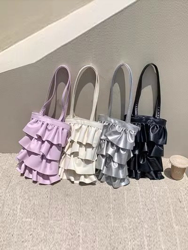 Layered Pleated Pockets Solid Color Zipper Handbags