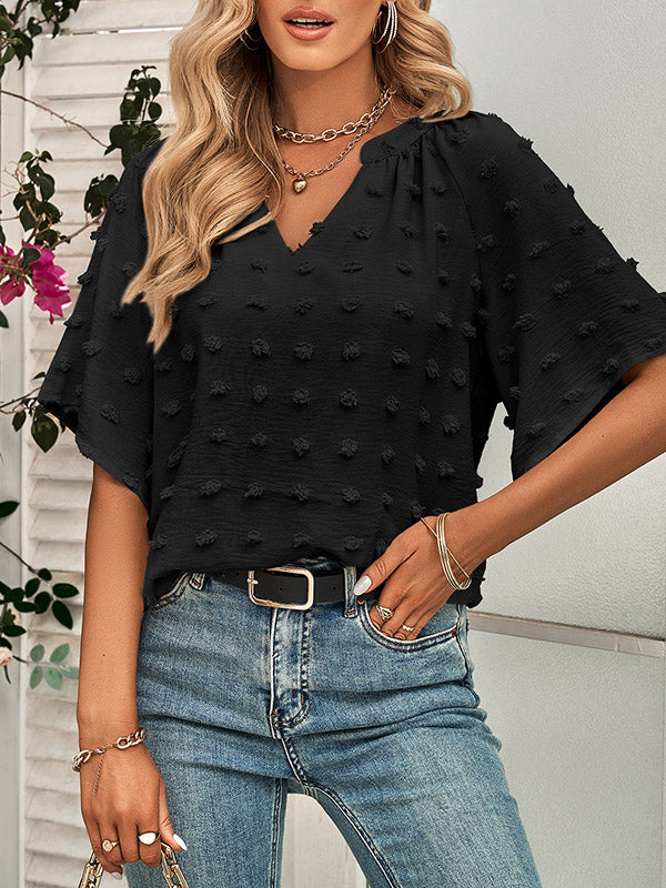 Jacquard Solid Color Half Sleeves Loose V-Neck T-Shirts Tops