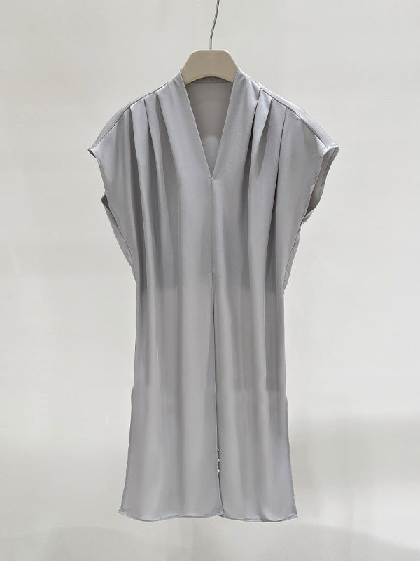 Knot Pleated Solid Color Split-Joint Loose Raglan Sleeve V-neck Blouses&shirts Tops