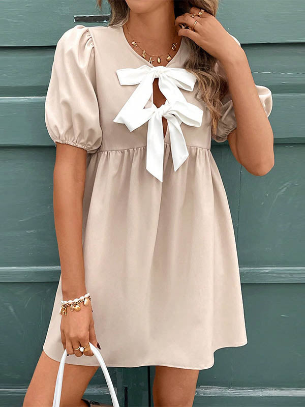 Bowknot Elasticity Pleated A-Line Loose Round-Neck Mini Dresses